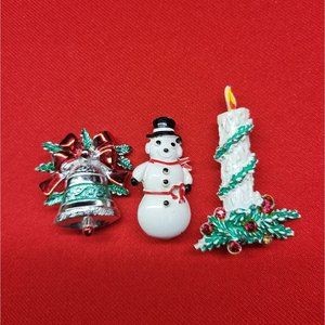 Christmas Pins/ Brooch Set of 3 Christmas Candle, Snowman & Bell Pins